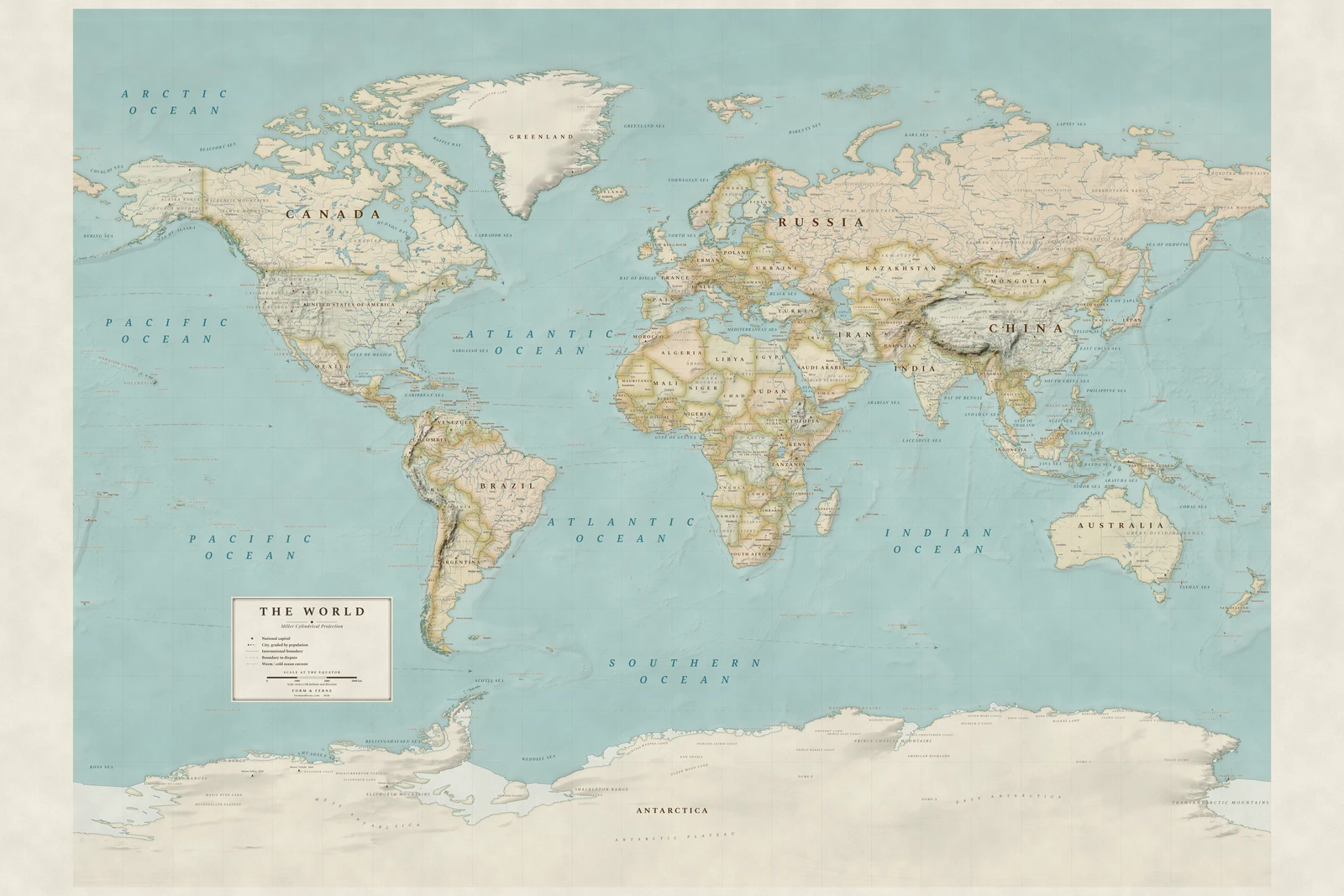 Miller projection world map, a balance struck between area, shape and distance, Heirloom style (Antique, hand-coloured look), with all place names in English