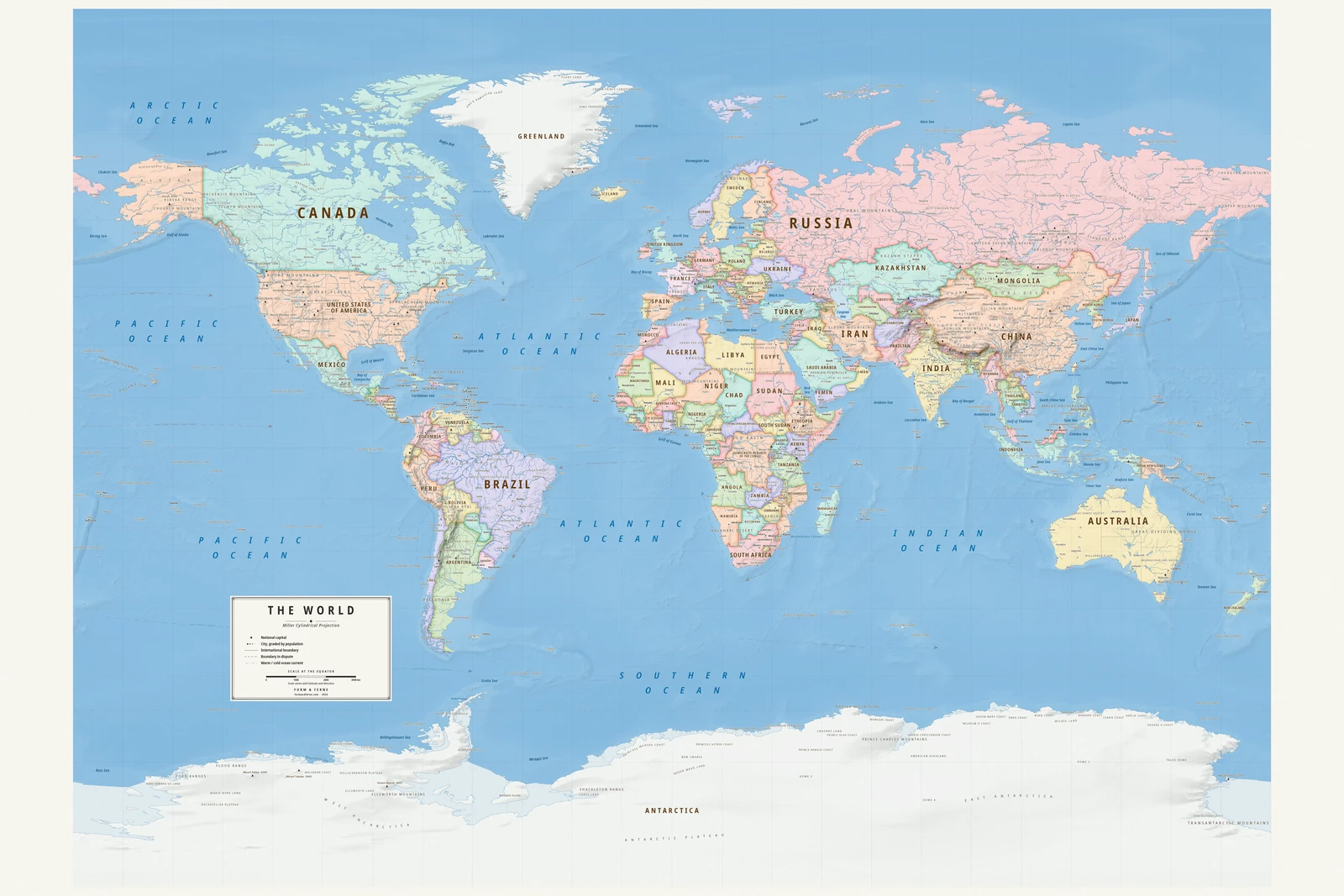 Miller projection world map, a balance struck between area, shape and distance, Meridian style (Mid-century atlas), with all place names in English