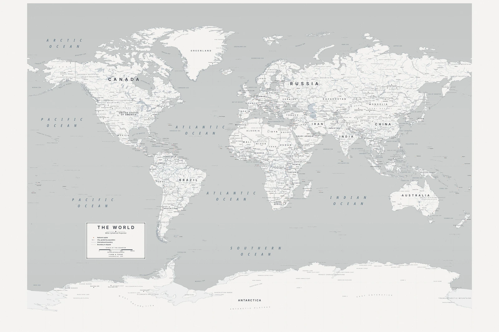 Miller projection world map, a balance struck between area, shape and distance, Nordic style (Architectural minimalist), with all place names in English