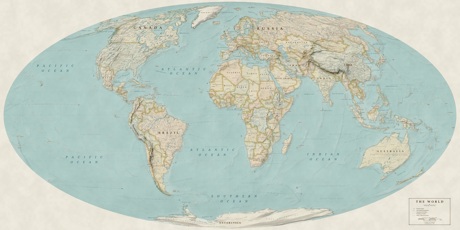 Mollweide projection world map, every country its true size, Heirloom style (Antique, hand-coloured look), with all place names in English