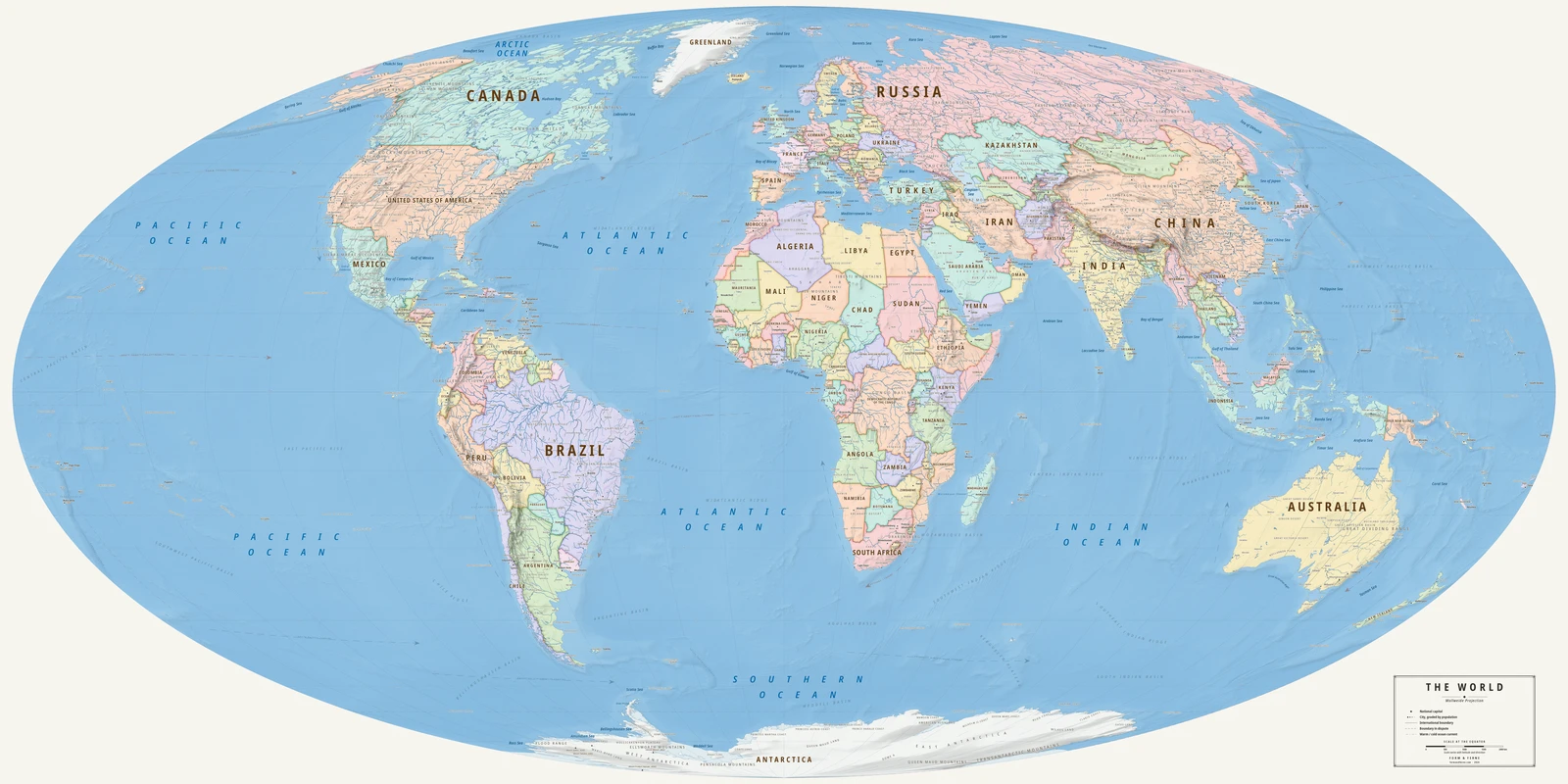 Mollweide projection world map, every country its true size, Meridian style (Mid-century atlas), with all place names in English