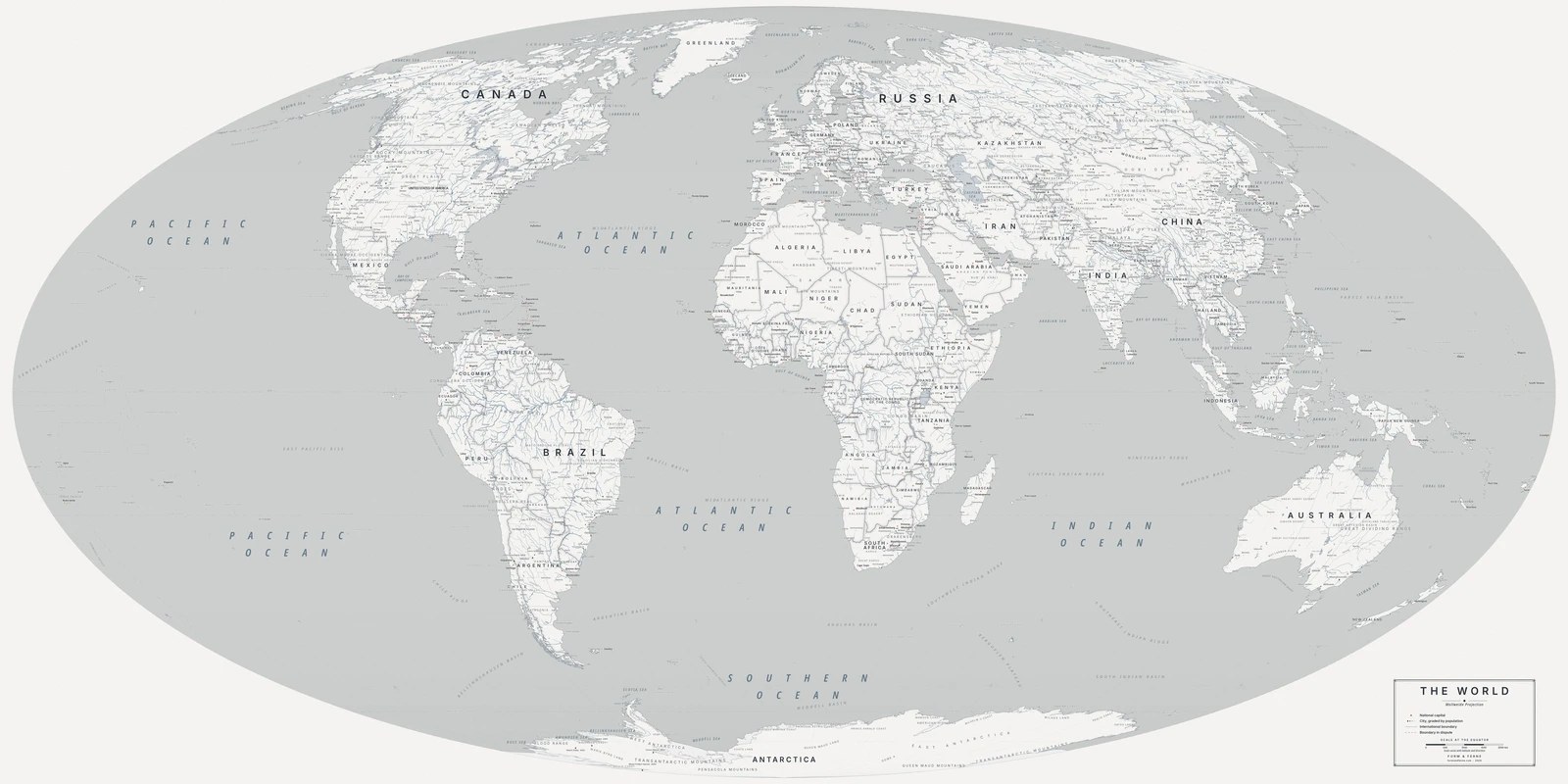Mollweide projection world map, every country its true size, Nordic style (Architectural minimalist), with all place names in English