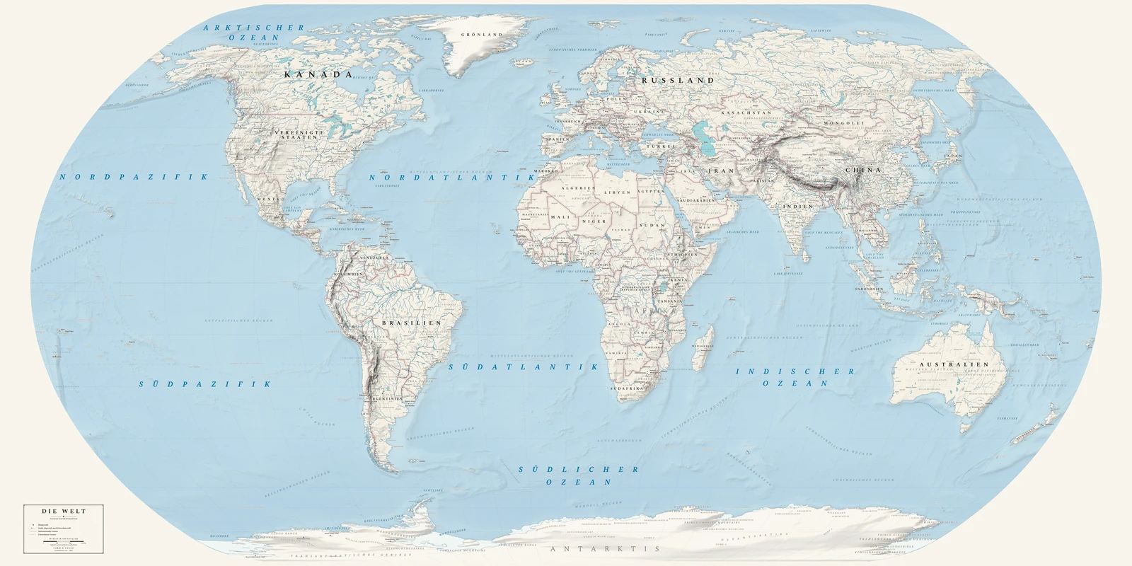 Weltkarte in der Natural Earth-Projektion (ein Ausgleich zwischen Fläche, Form und Entfernung), Stil Alpin (Schweizer Schulatlas mit Relief), alle Ortsnamen auf Deutsch