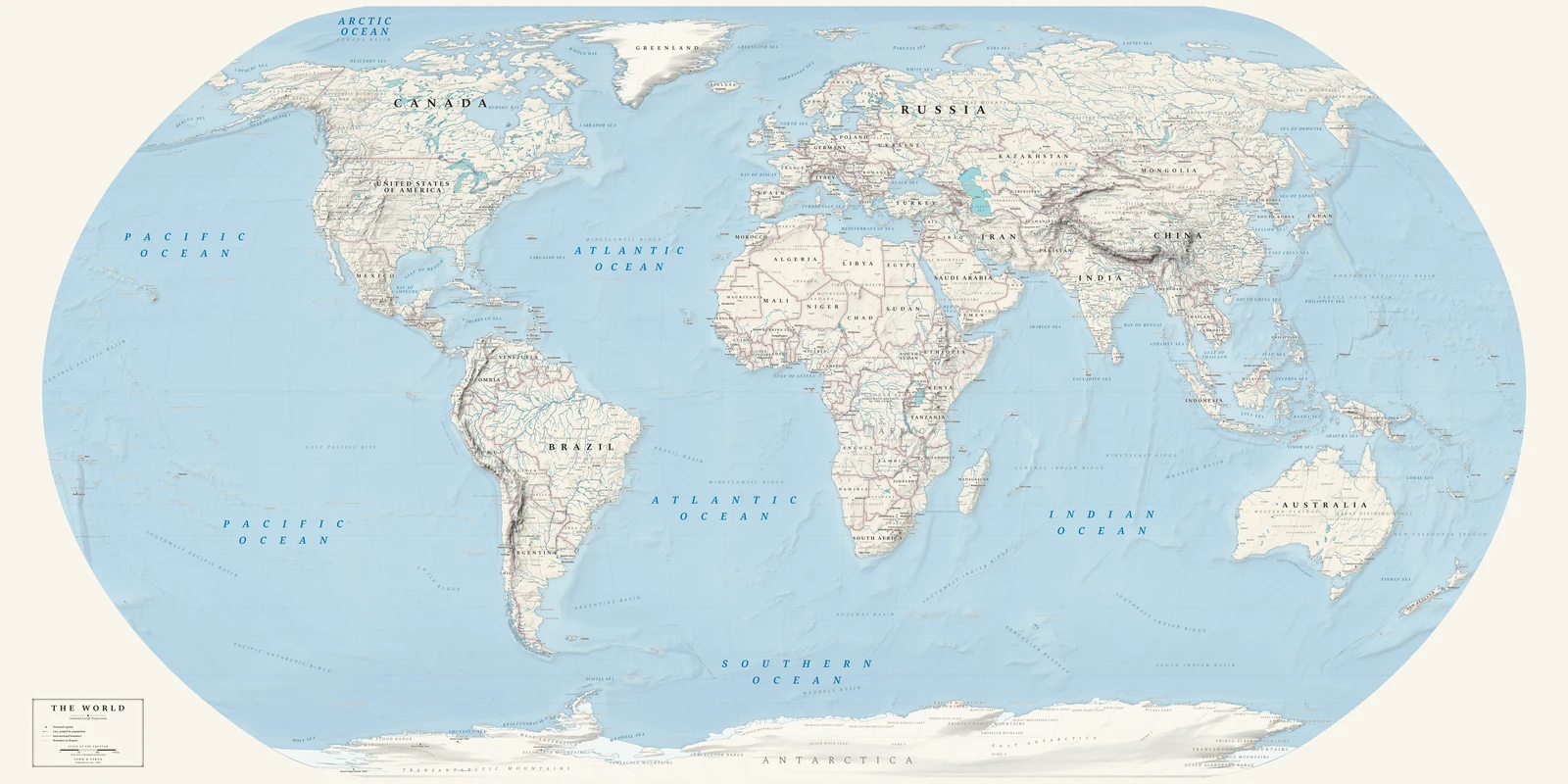 Natural Earth projection world map, a balance struck between area, shape and distance, Alpin style (Swiss topographic relief), with all place names in English