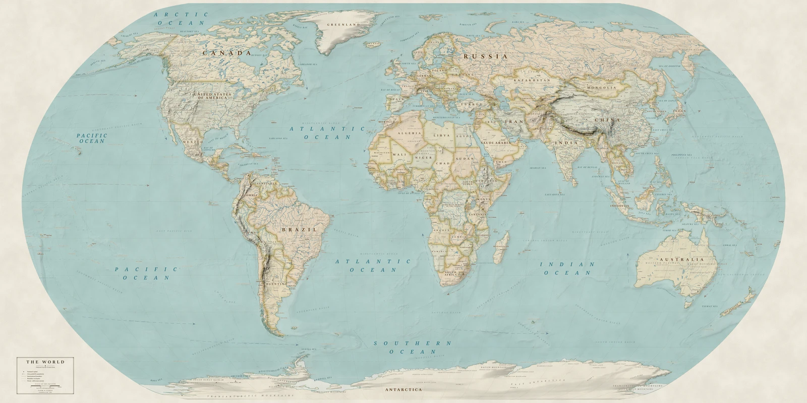 Natural Earth projection world map, a balance struck between area, shape and distance, Heirloom style (Antique, hand-coloured look), with all place names in English