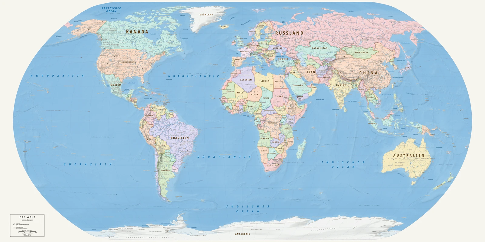 Weltkarte in der Natural Earth-Projektion (ein Ausgleich zwischen Fläche, Form und Entfernung), Stil Meridian (moderner Atlas), alle Ortsnamen auf Deutsch