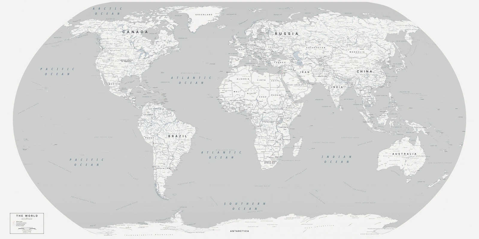 Natural Earth projection world map, a balance struck between area, shape and distance, Nordic style (Architectural minimalist), with all place names in English
