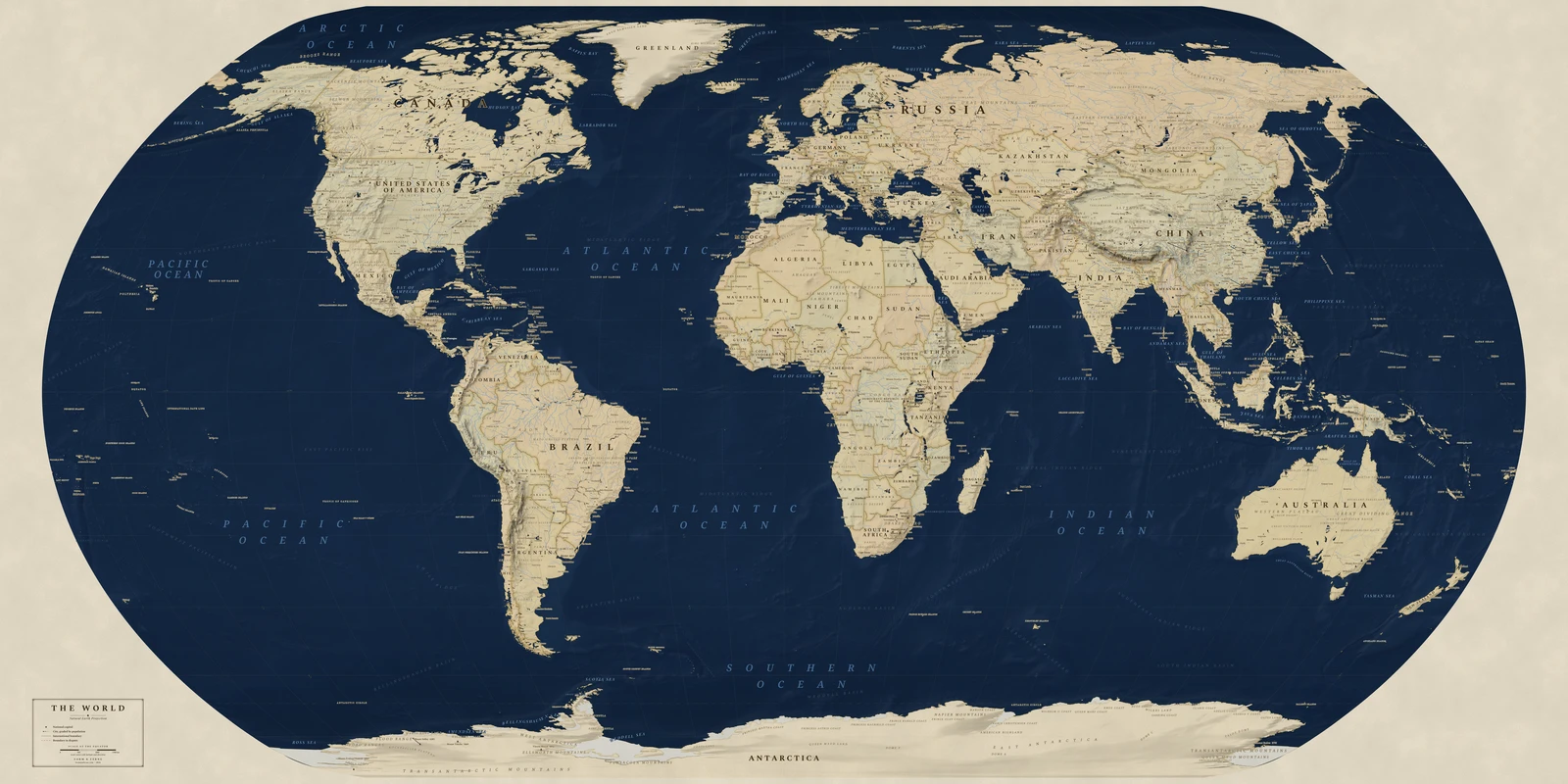 Natural Earth projection world map, a balance struck between area, shape and distance, Regency style (Navy sea, ochre and parchment), with all place names in English