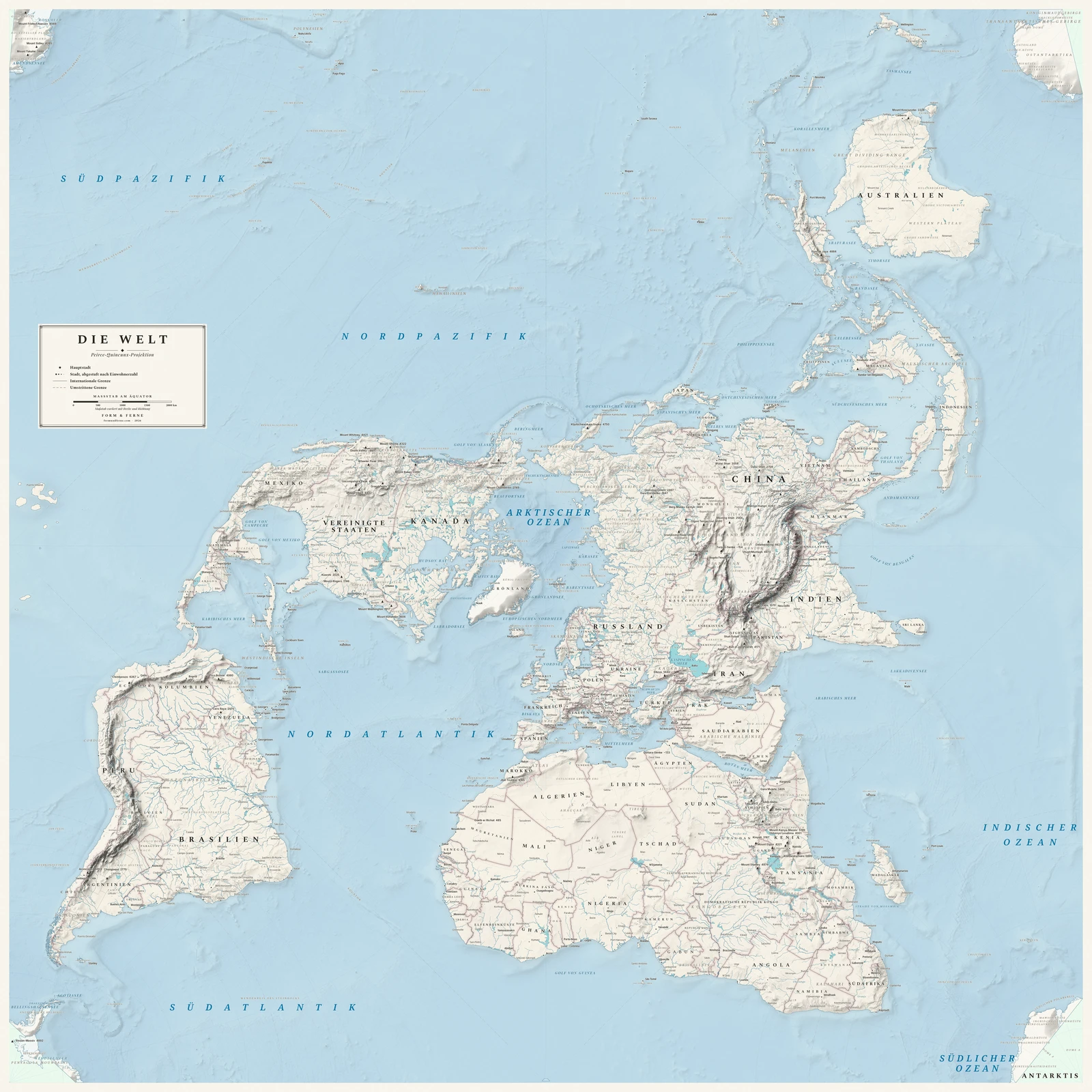 Weltkarte in der Peirce-Quincunx-Projektion (Winkel und Umrisse bleiben erhalten), Stil Alpin (Schweizer Schulatlas mit Relief), alle Ortsnamen auf Deutsch
