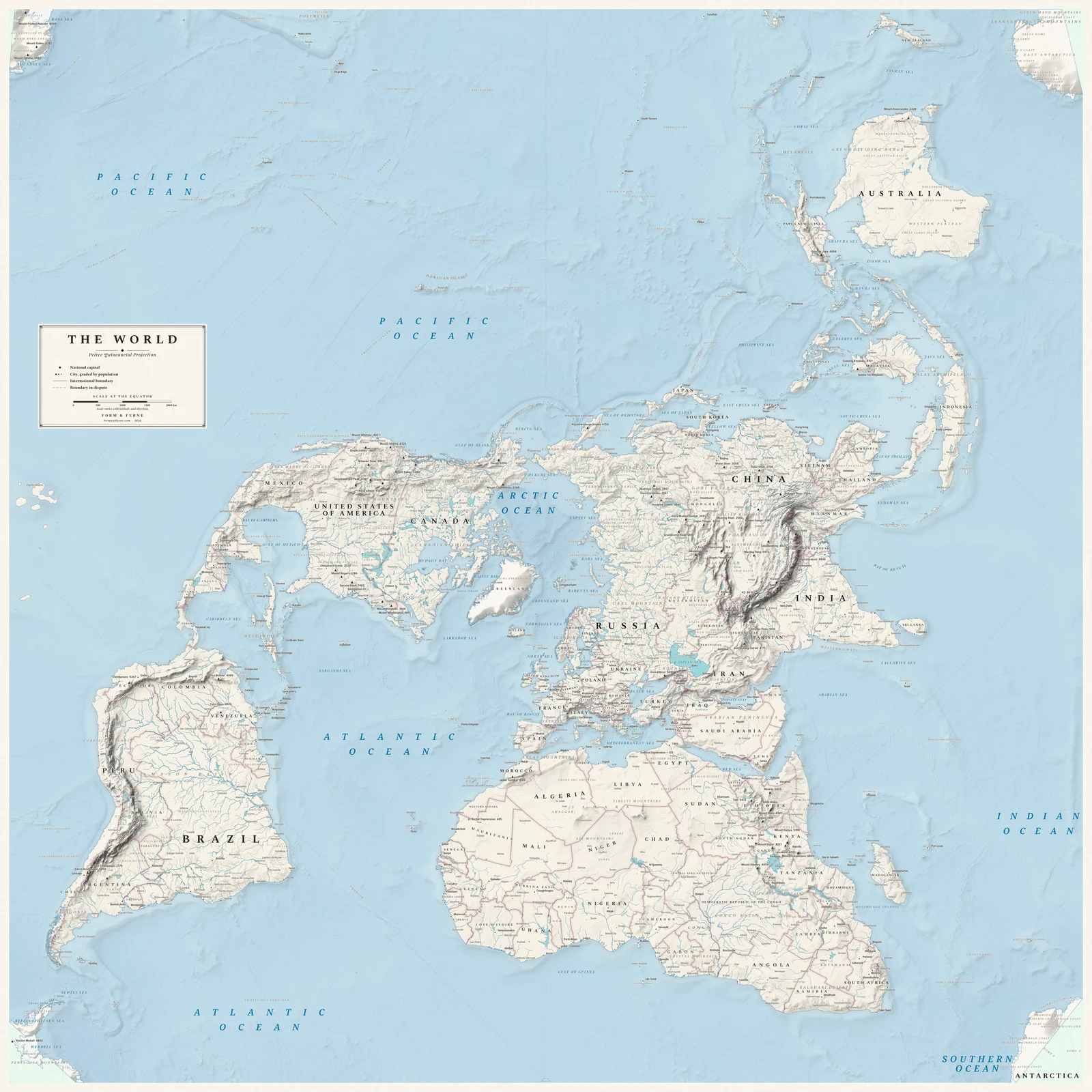 Peirce quincuncial projection world map, angles and local shapes preserved, Alpin style (Swiss topographic relief), with all place names in English