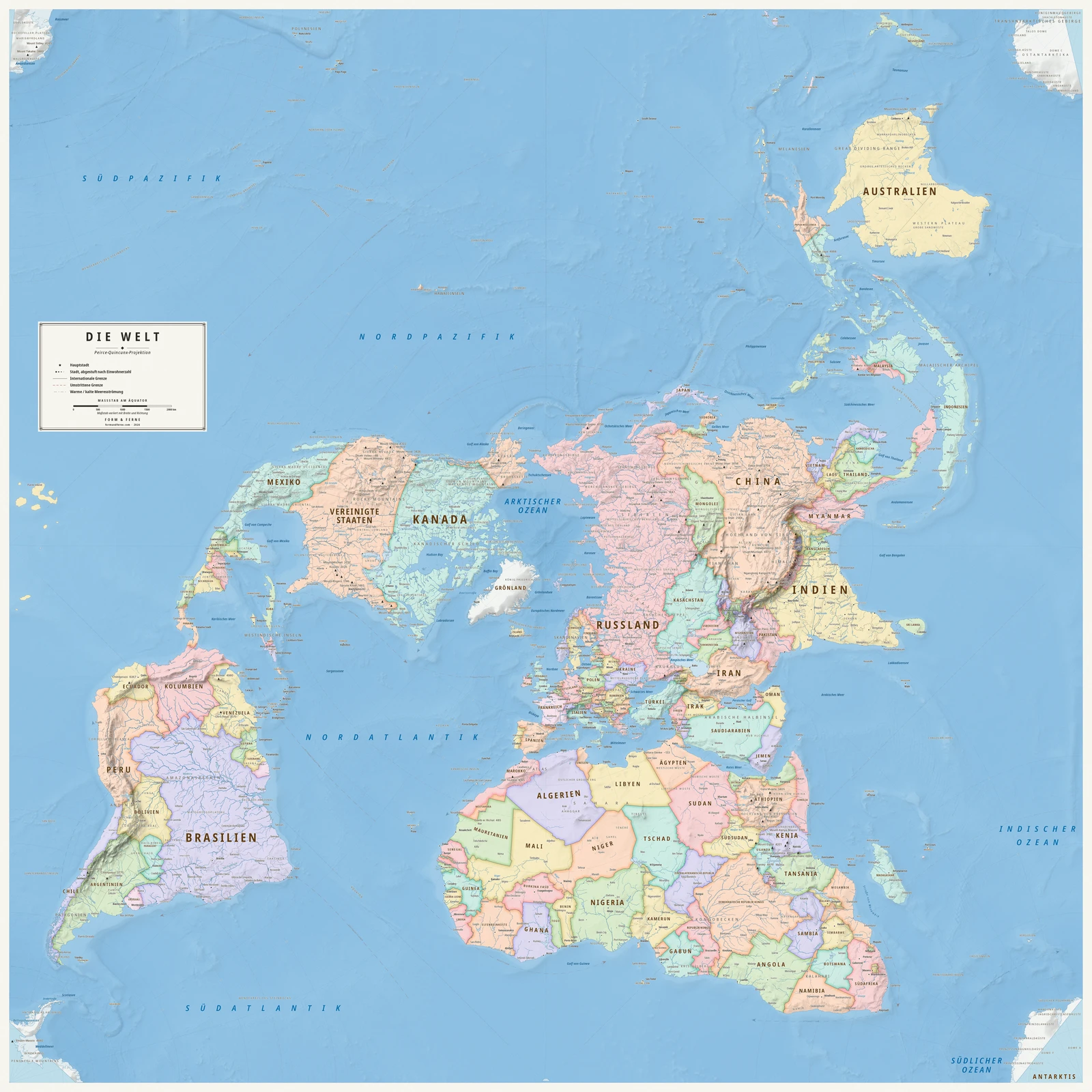 Weltkarte in der Peirce-Quincunx-Projektion (Winkel und Umrisse bleiben erhalten), Stil Meridian (moderner Atlas), alle Ortsnamen auf Deutsch