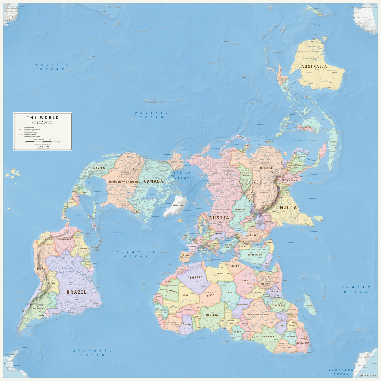 Peirce quincuncial projection world map, angles and local shapes preserved, Meridian style (Mid-century atlas), with all place names in English