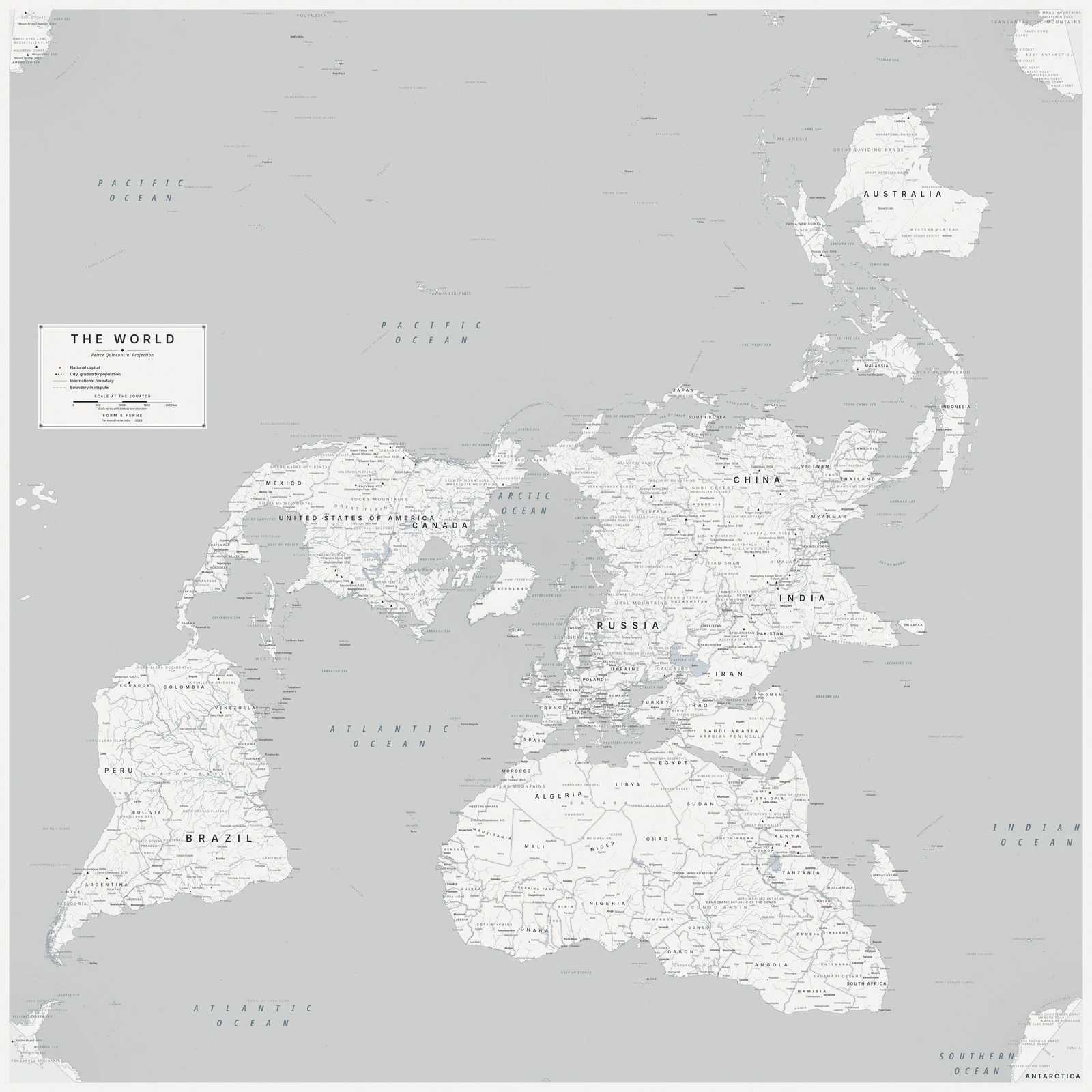 Peirce quincuncial projection world map, angles and local shapes preserved, Nordic style (Architectural minimalist), with all place names in English