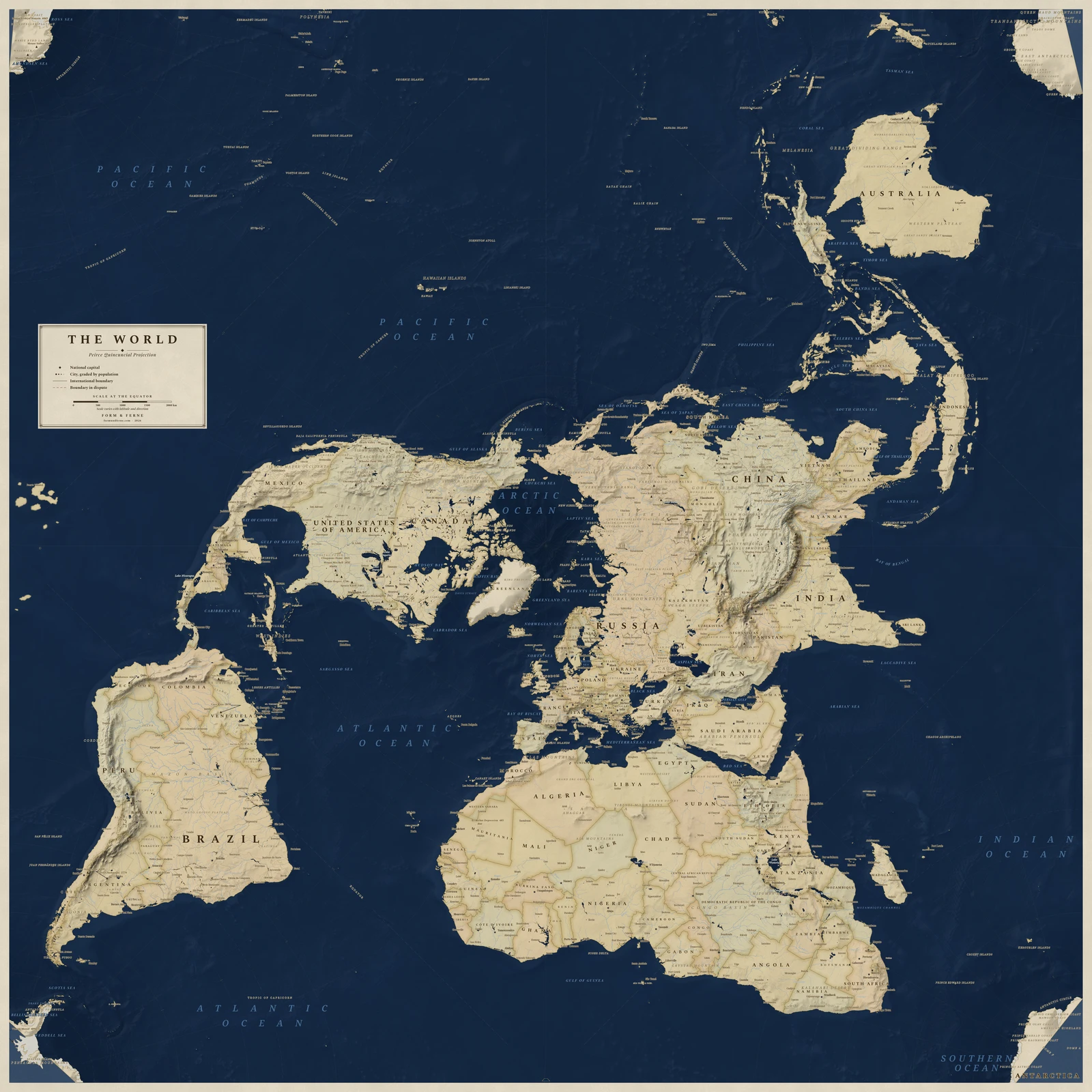 Peirce quincuncial projection world map, angles and local shapes preserved, Regency style (Navy sea, ochre and parchment), with all place names in English