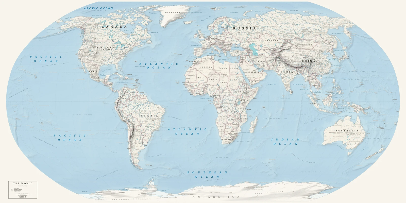 Robinson projection world map, a balance struck between area, shape and distance, Alpin style (Swiss topographic relief), with all place names in English