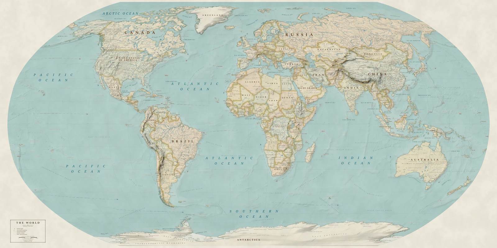 Robinson projection world map, a balance struck between area, shape and distance, Heirloom style (Antique, hand-coloured look), with all place names in English