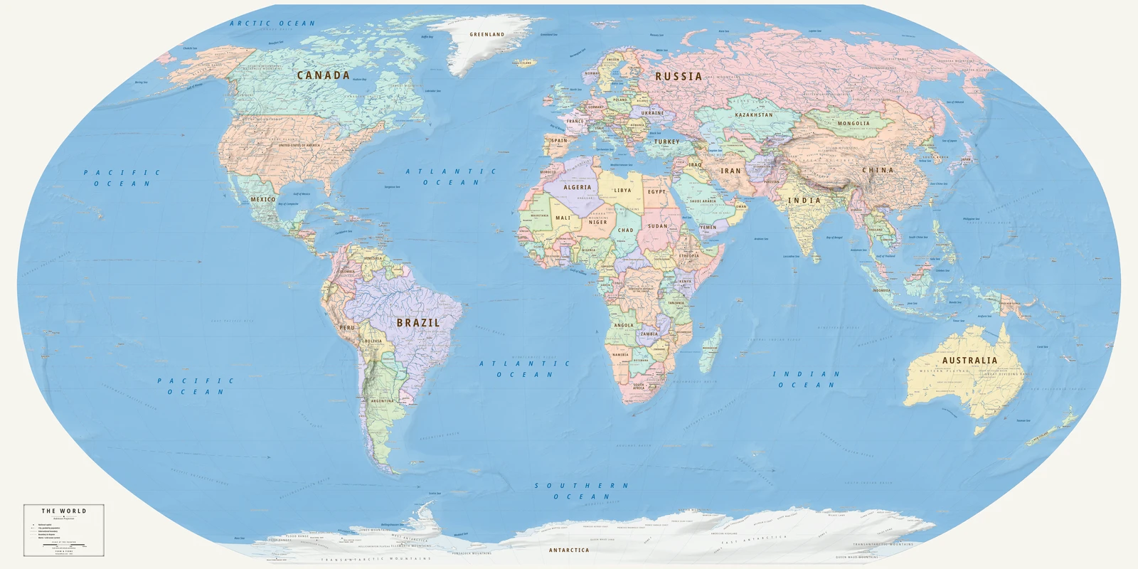 Robinson projection world map, a balance struck between area, shape and distance, Meridian style (Mid-century atlas), with all place names in English