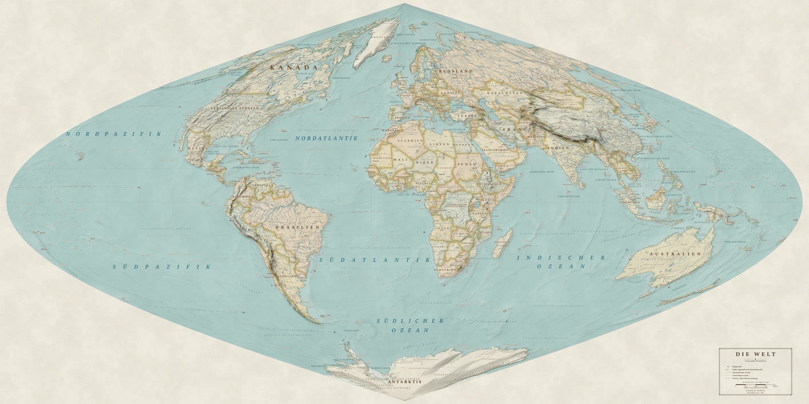 Weltkarte in der Sinusoidal-Projektion (jedes Land in seiner wahren Größe), Stil Heirloom (antik, handkoloriert), alle Ortsnamen auf Deutsch