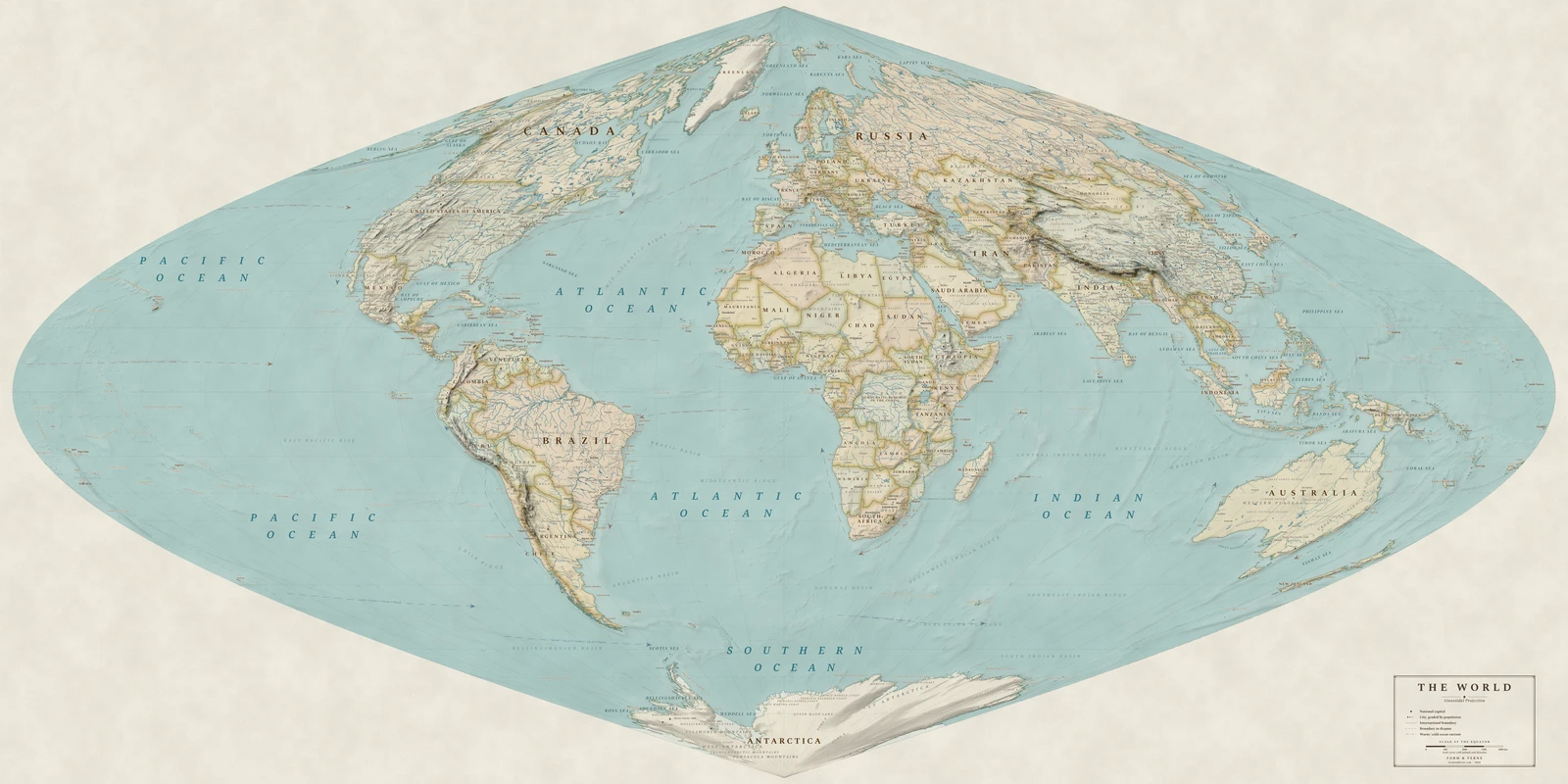 Sinusoidal projection world map, every country its true size, Heirloom style (Antique, hand-coloured look), with all place names in English