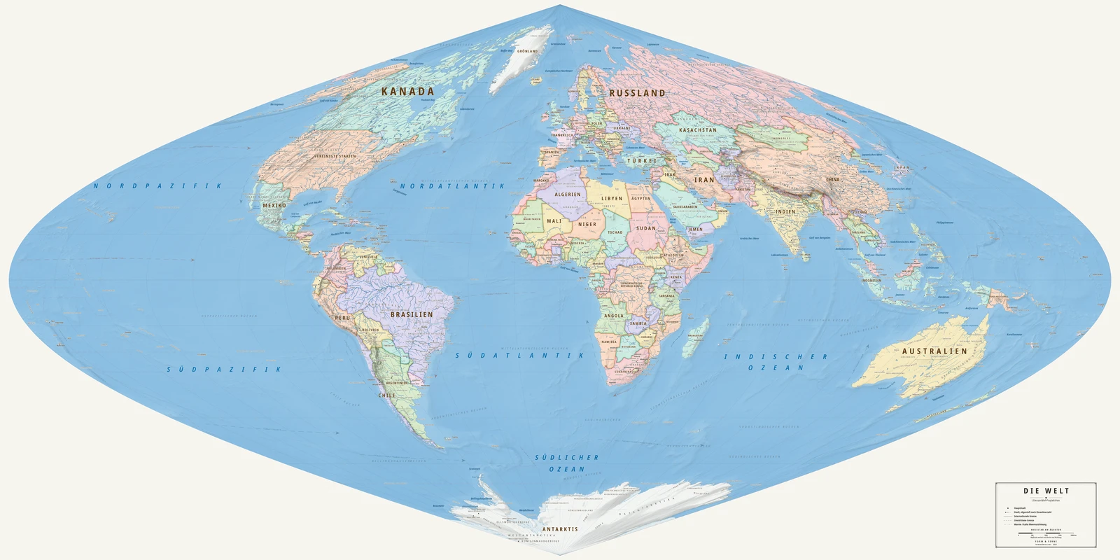 Weltkarte in der Sinusoidal-Projektion (jedes Land in seiner wahren Größe), Stil Meridian (moderner Atlas), alle Ortsnamen auf Deutsch