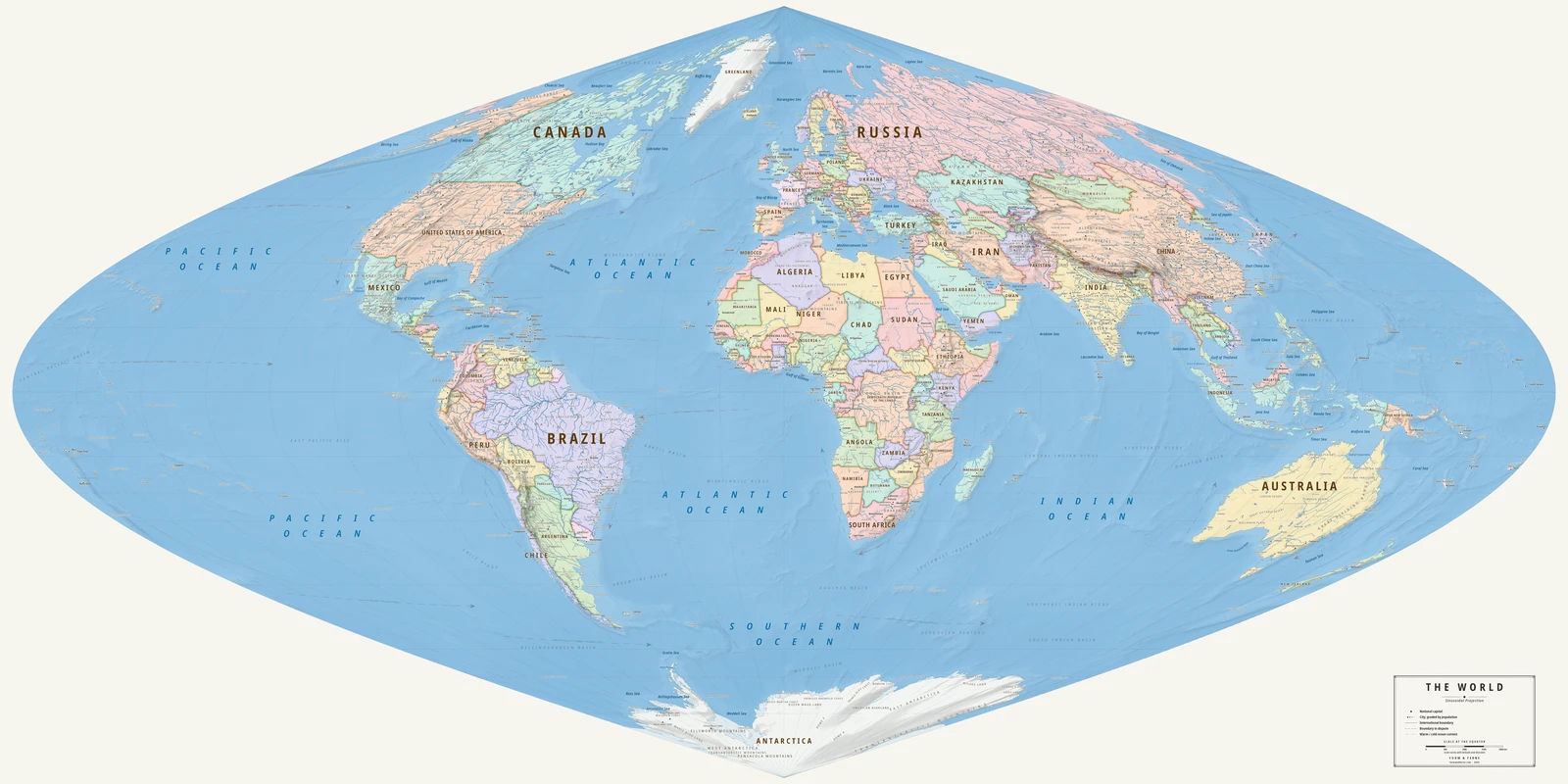 Sinusoidal projection world map, every country its true size, Meridian style (Mid-century atlas), with all place names in English