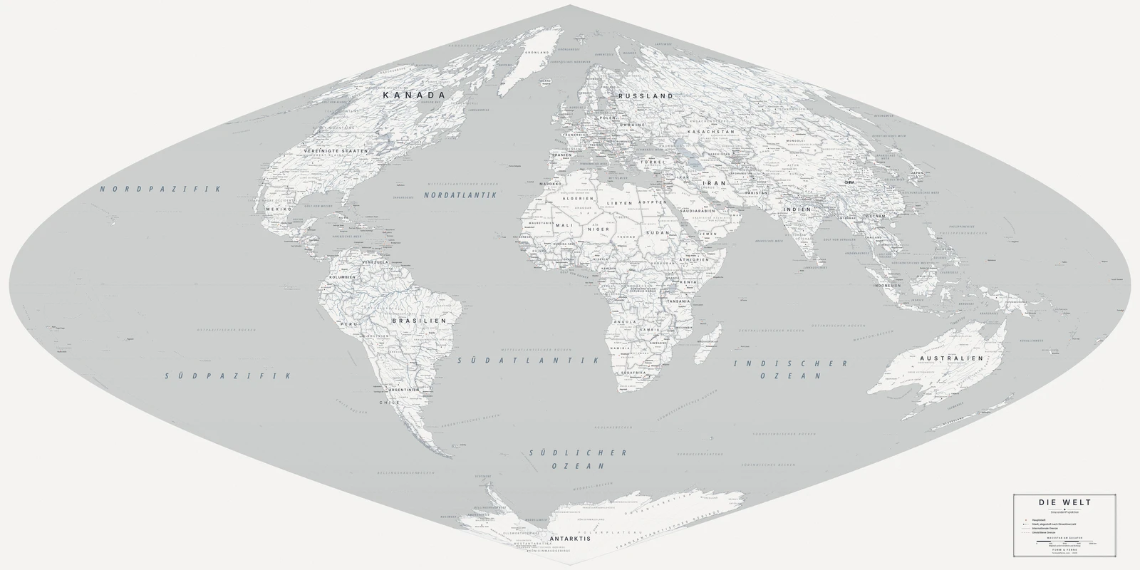 Weltkarte in der Sinusoidal-Projektion (jedes Land in seiner wahren Größe), Stil Nordic (architektonisch-minimalistisch), alle Ortsnamen auf Deutsch
