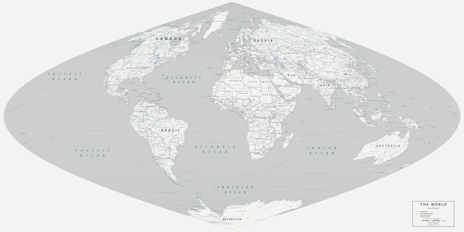 Sinusoidal projection world map, every country its true size, Nordic style (Architectural minimalist), with all place names in English