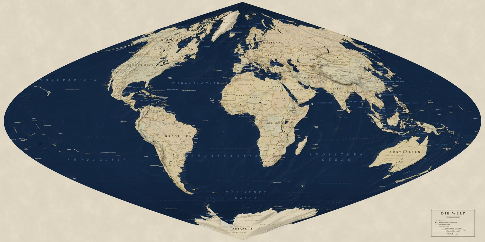 Weltkarte in der Sinusoidal-Projektion (jedes Land in seiner wahren Größe), Stil Regency (marineblaues Meer, Land in Ocker und Pergament), alle Ortsnamen auf Deutsch