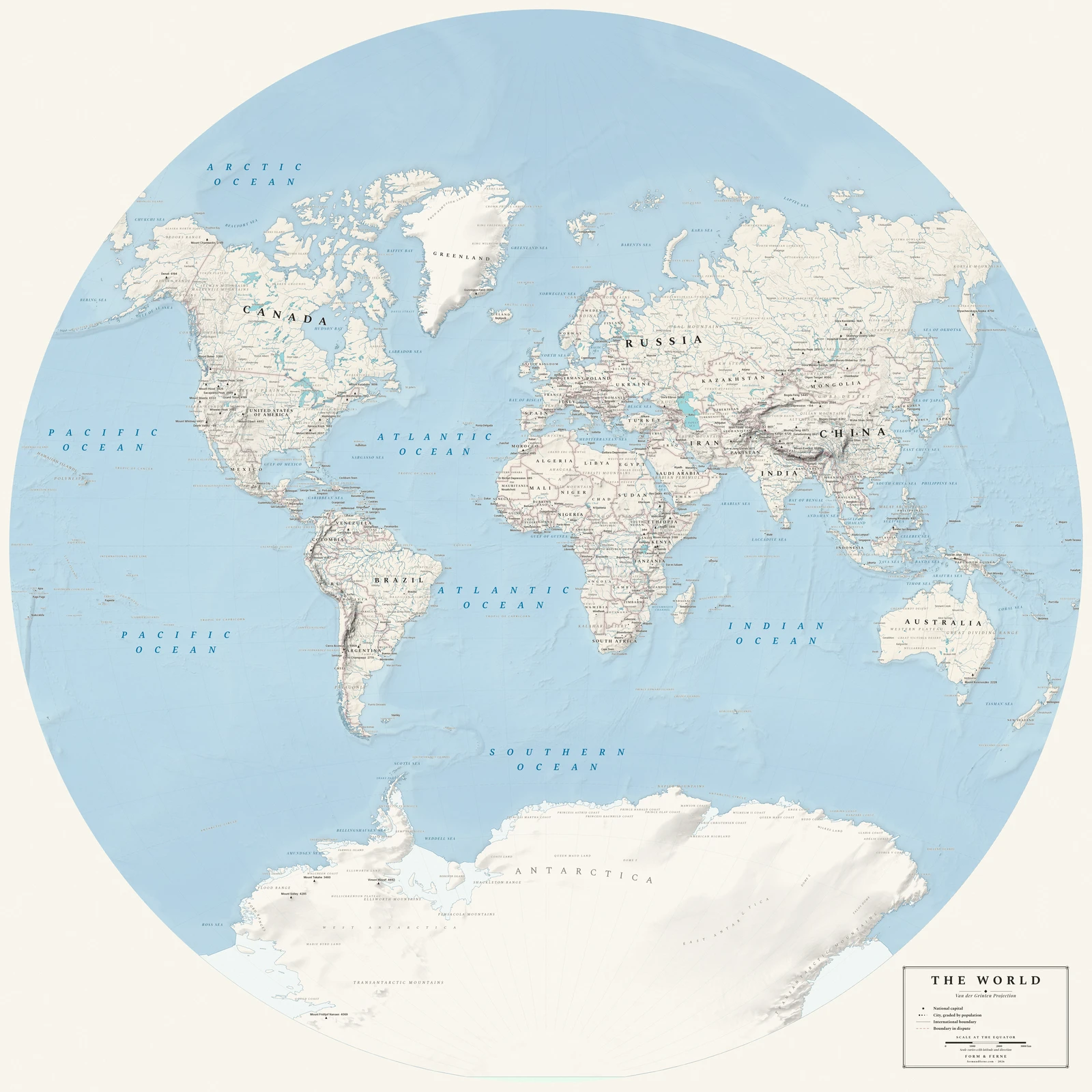 Van der Grinten projection world map, a balance struck between area, shape and distance, Alpin style (Swiss topographic relief), with all place names in English