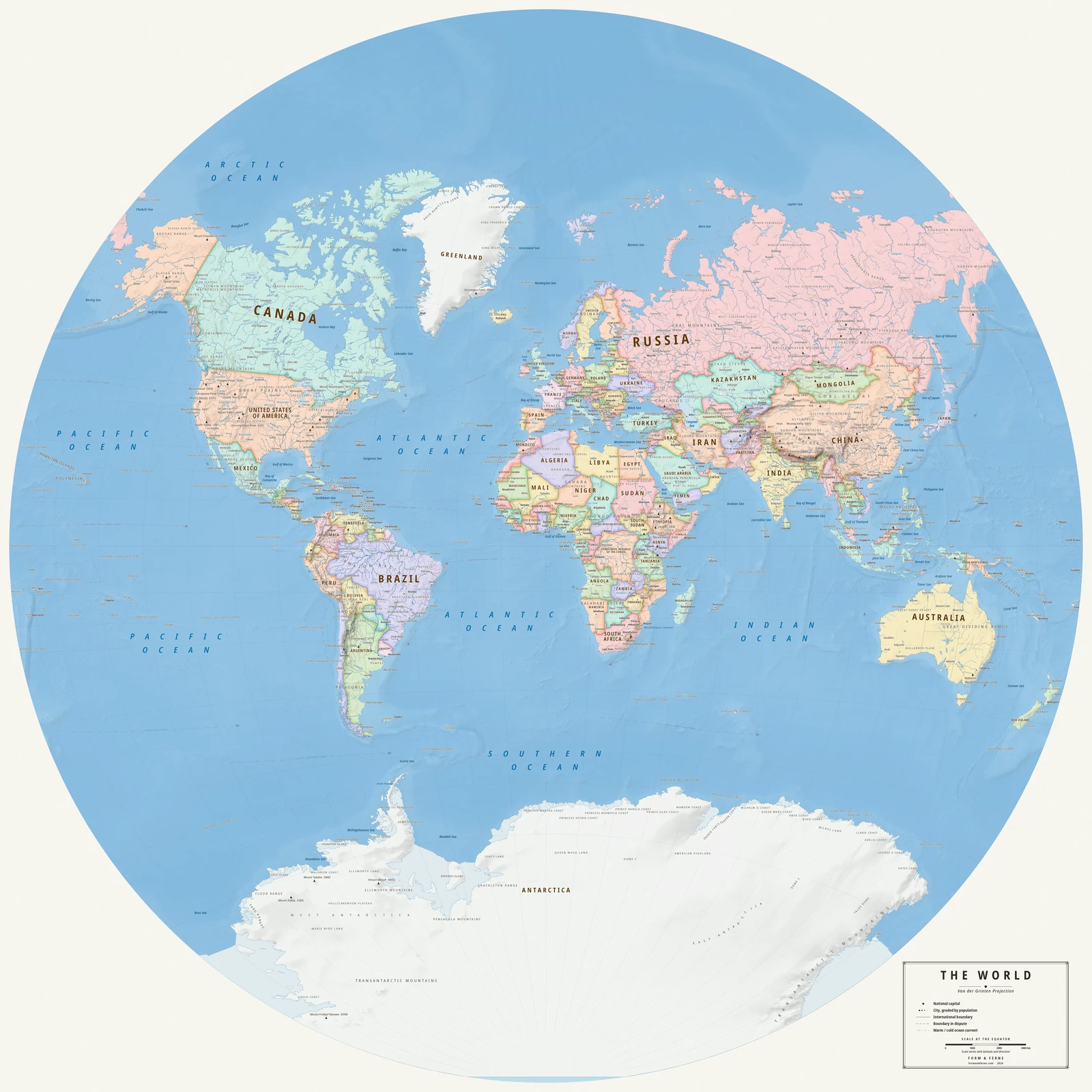 Van der Grinten projection world map, a balance struck between area, shape and distance, Meridian style (Mid-century atlas), with all place names in English