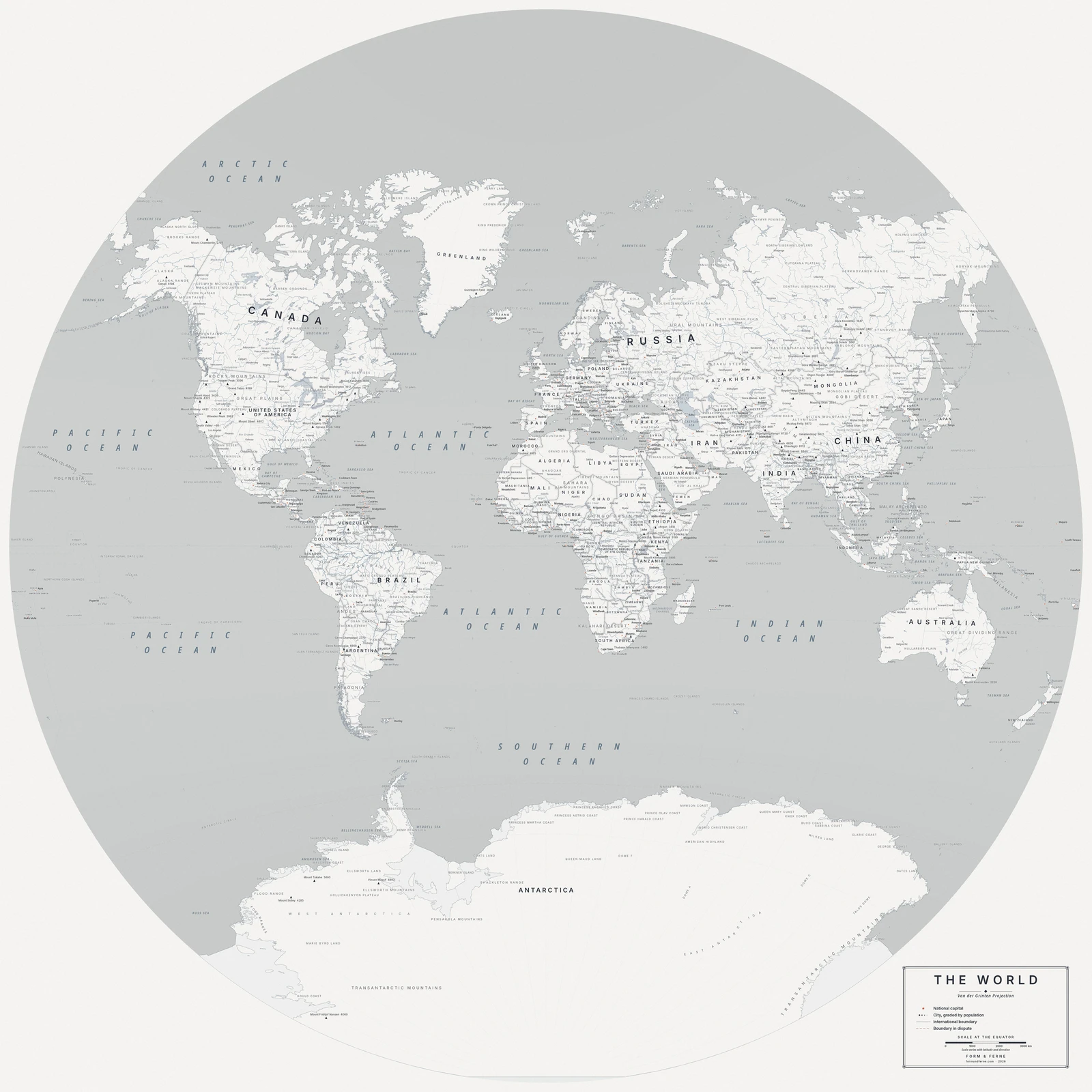 Van der Grinten projection world map, a balance struck between area, shape and distance, Nordic style (Architectural minimalist), with all place names in English