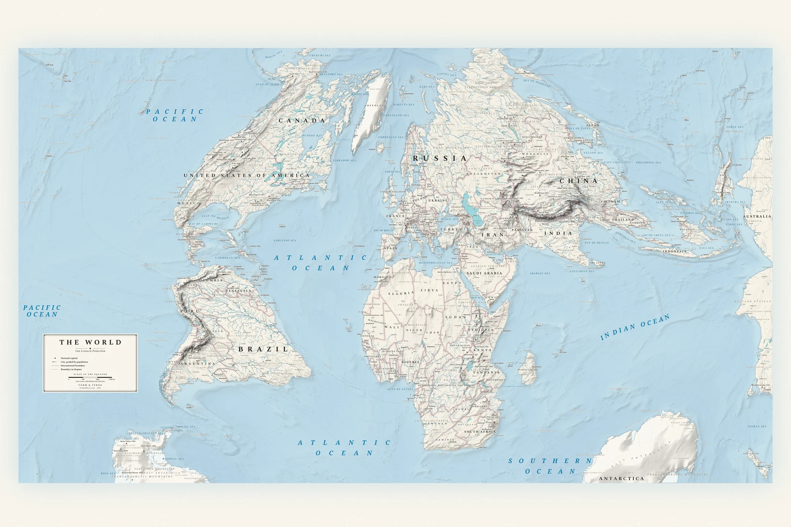 Van Leeuwen projection world map, a balance struck between area, shape and distance, Alpin style (Swiss topographic relief), with all place names in English