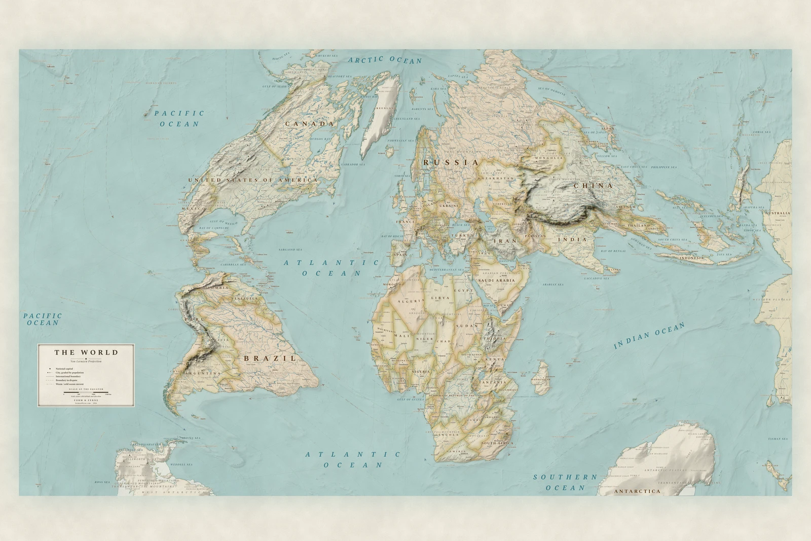 Van Leeuwen projection world map, a balance struck between area, shape and distance, Heirloom style (Antique, hand-coloured look), with all place names in English