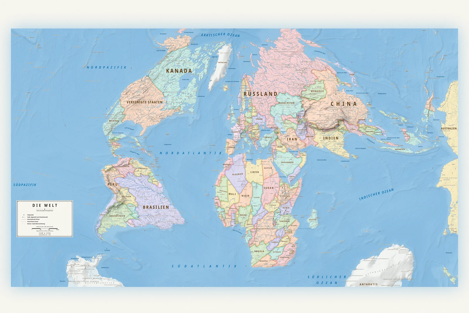 Weltkarte in der Van Leeuwen-Projektion (ein Ausgleich zwischen Fläche, Form und Entfernung), Stil Meridian (moderner Atlas), alle Ortsnamen auf Deutsch