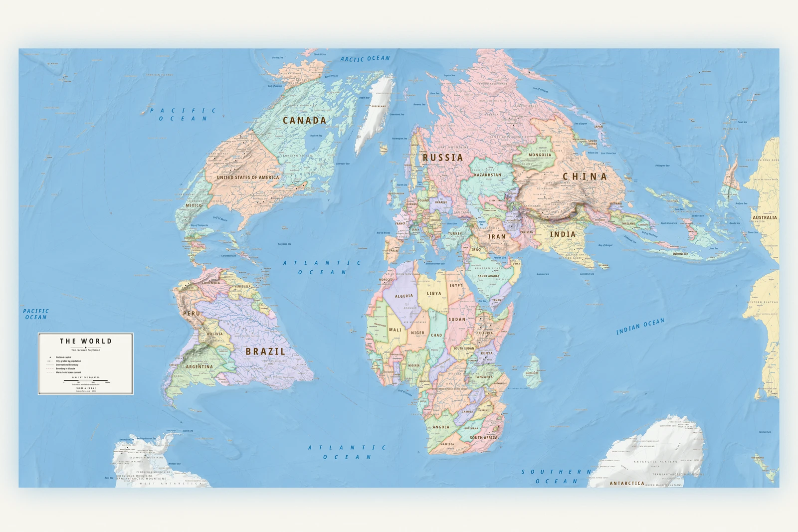 Van Leeuwen projection world map, a balance struck between area, shape and distance, Meridian style (Mid-century atlas), with all place names in English