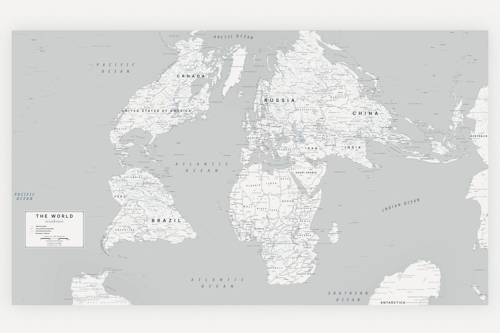 Van Leeuwen projection world map, a balance struck between area, shape and distance, Nordic style (Architectural minimalist), with all place names in English