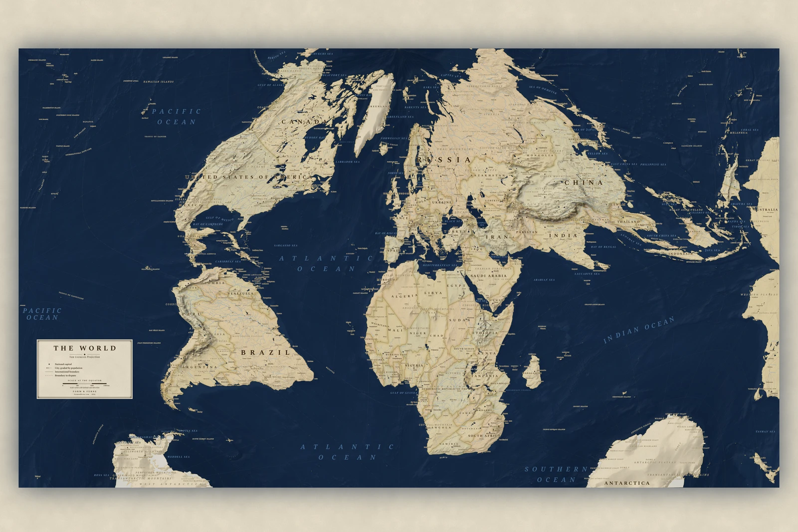 Van Leeuwen projection world map, a balance struck between area, shape and distance, Regency style (Navy sea, ochre and parchment), with all place names in English