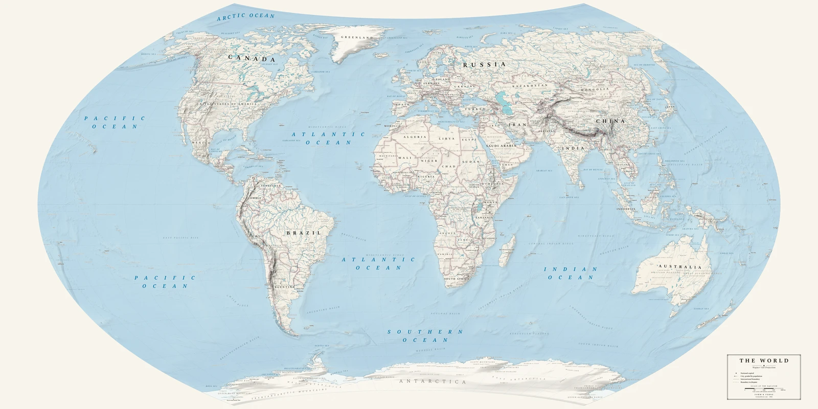 Wagner VIII projection world map, a balance struck between area, shape and distance, Alpin style (Swiss topographic relief), with all place names in English