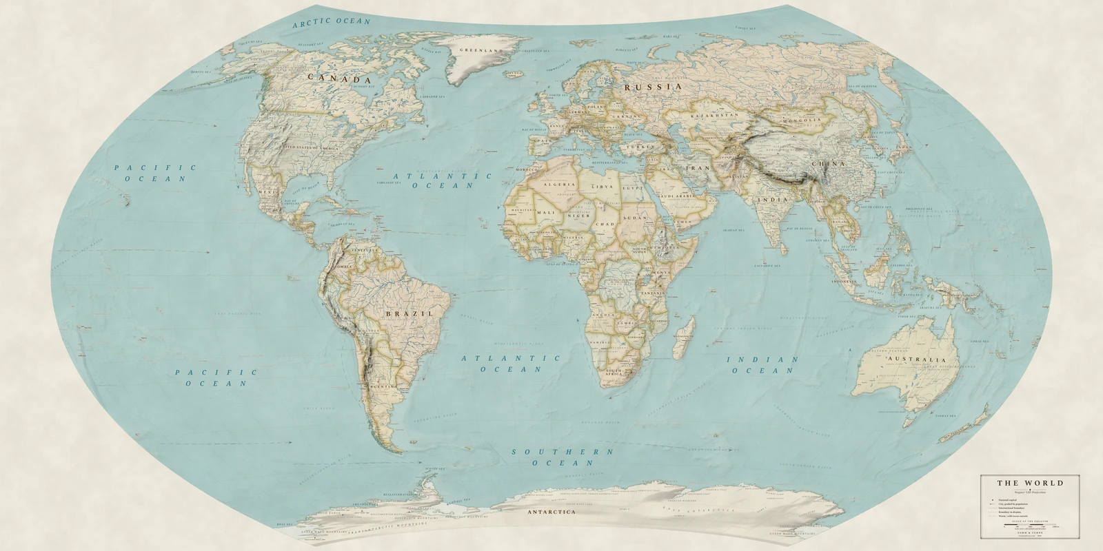 Wagner VIII projection world map, a balance struck between area, shape and distance, Heirloom style (Antique, hand-coloured look), with all place names in English