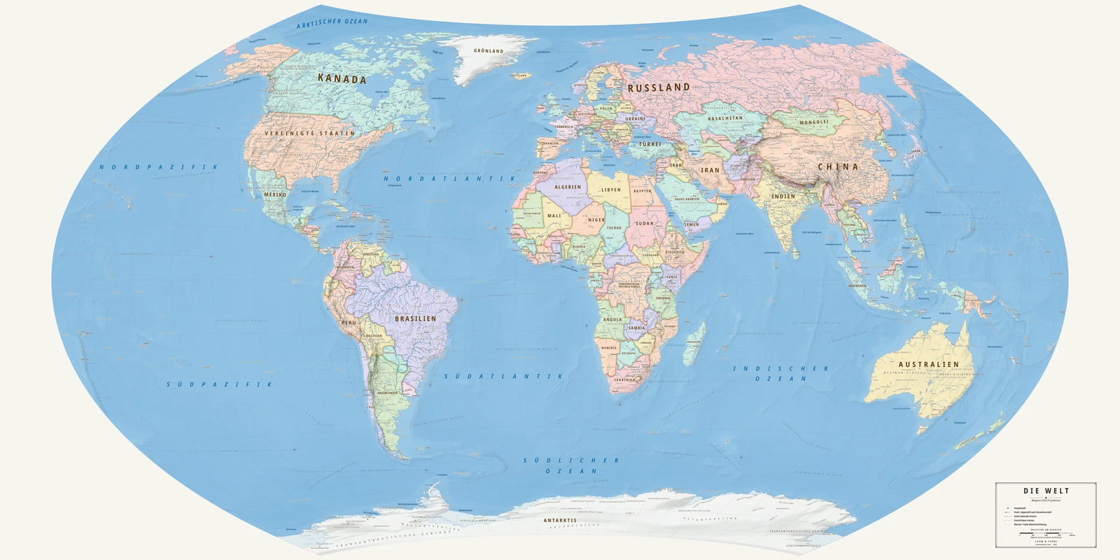 Weltkarte in der Wagner VIII-Projektion (ein Ausgleich zwischen Fläche, Form und Entfernung), Stil Meridian (moderner Atlas), alle Ortsnamen auf Deutsch