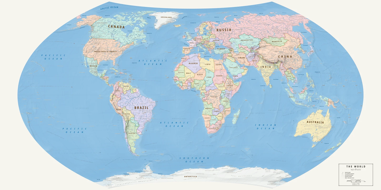 Wagner VIII projection world map, a balance struck between area, shape and distance, Meridian style (Mid-century atlas), with all place names in English