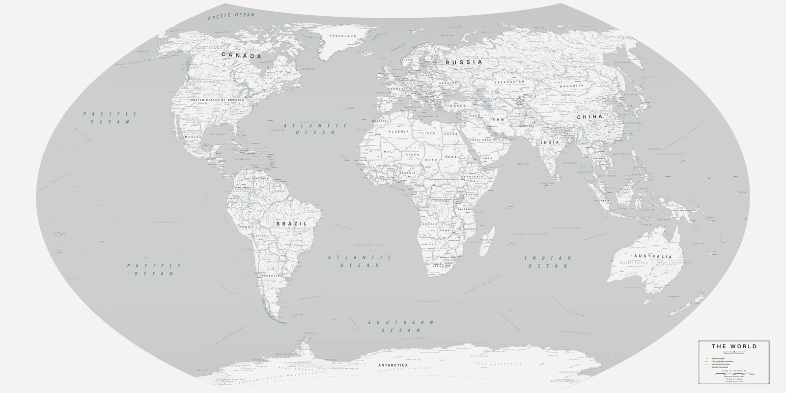 Wagner VIII projection world map, a balance struck between area, shape and distance, Nordic style (Architectural minimalist), with all place names in English