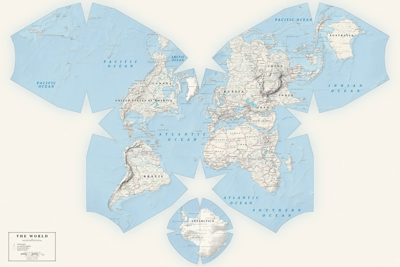 Waterman butterfly projection world map, a balance struck between area, shape and distance, Alpin style (Swiss topographic relief), with all place names in English