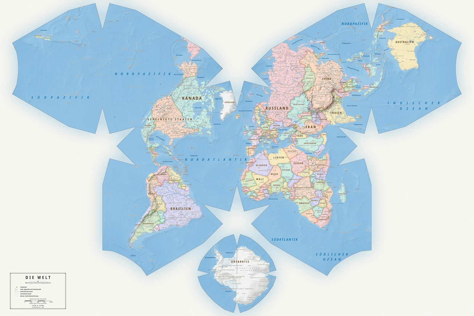Weltkarte in der Waterman-Schmetterlings-Projektion (ein Ausgleich zwischen Fläche, Form und Entfernung), Stil Meridian (moderner Atlas), alle Ortsnamen auf Deutsch