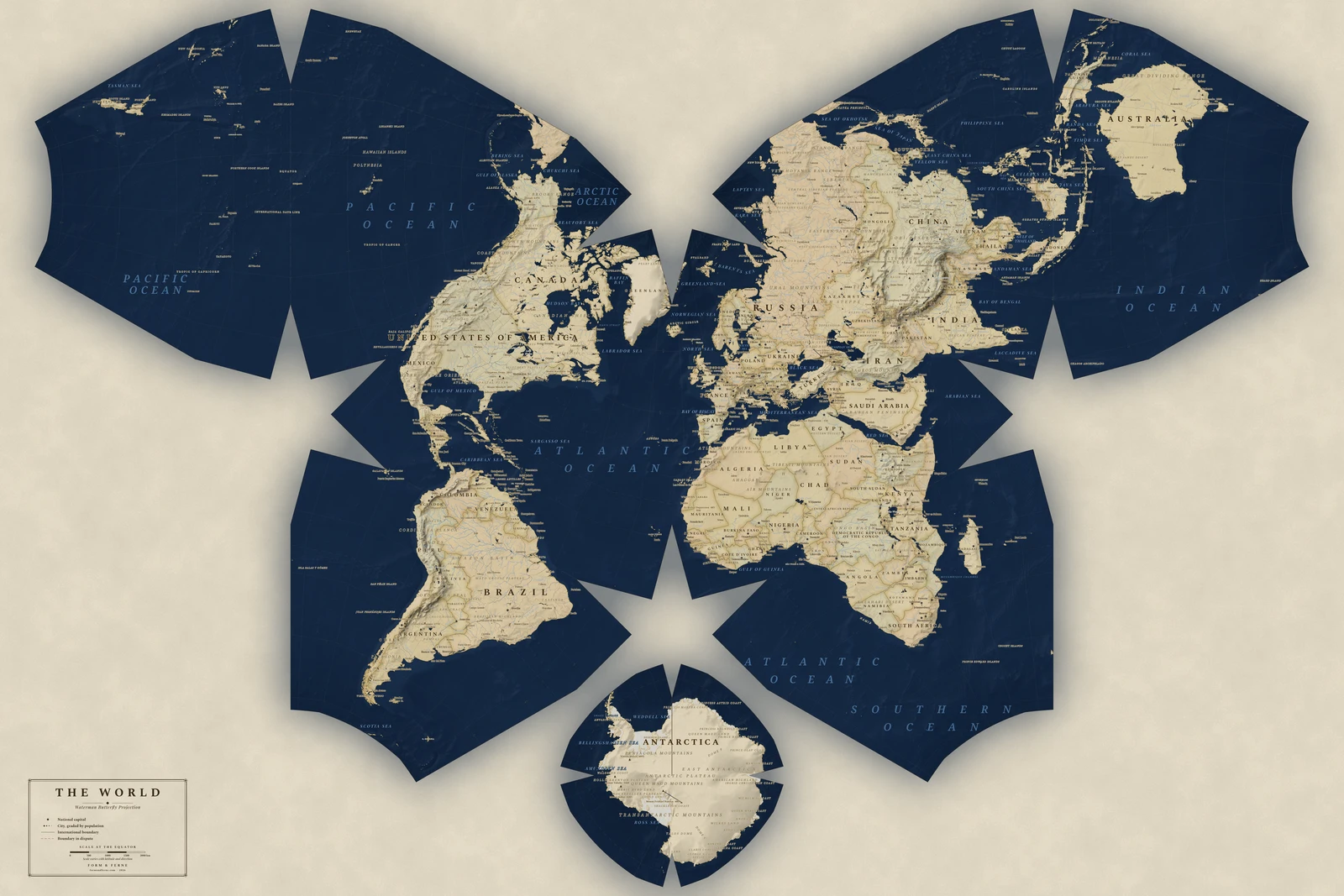 Waterman butterfly projection world map, a balance struck between area, shape and distance, Regency style (Navy sea, ochre and parchment), with all place names in English