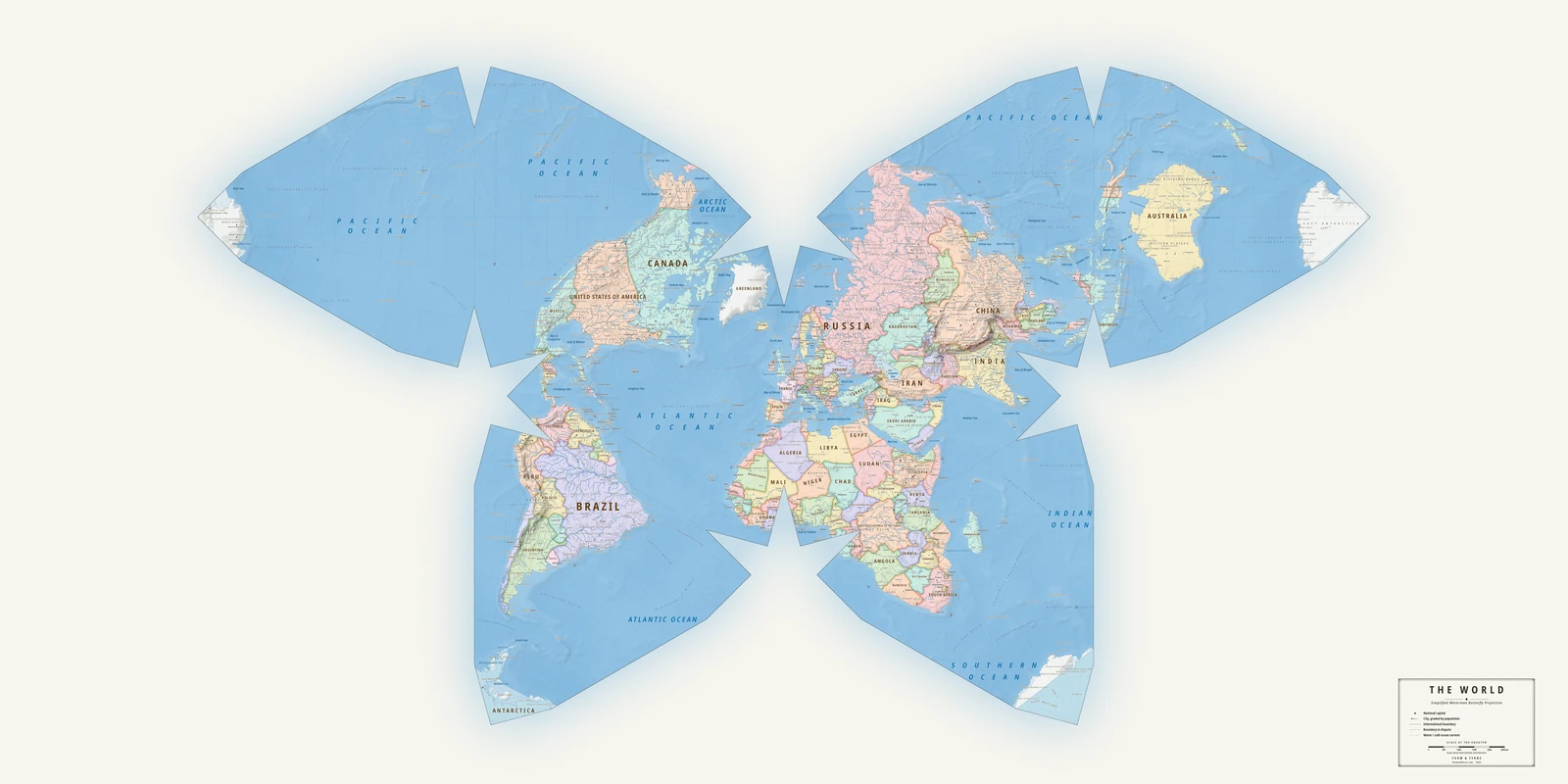 Waterman butterfly (simplified) projection world map, a balance struck between area, shape and distance, Meridian style (Mid-century atlas), with all place names in English