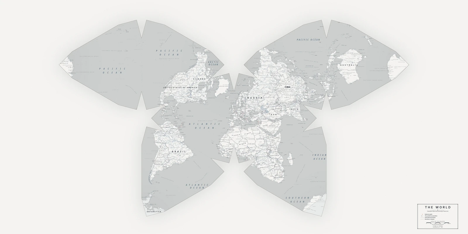 Waterman butterfly (simplified) projection world map, a balance struck between area, shape and distance, Nordic style (Architectural minimalist), with all place names in English