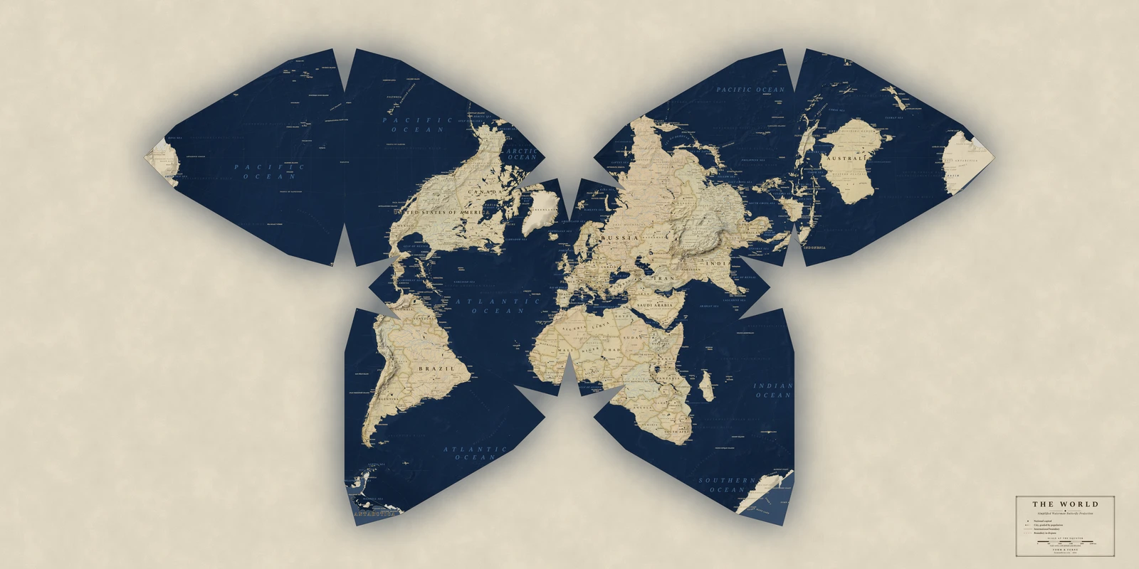 Waterman butterfly (simplified) projection world map, a balance struck between area, shape and distance, Regency style (Navy sea, ochre and parchment), with all place names in English