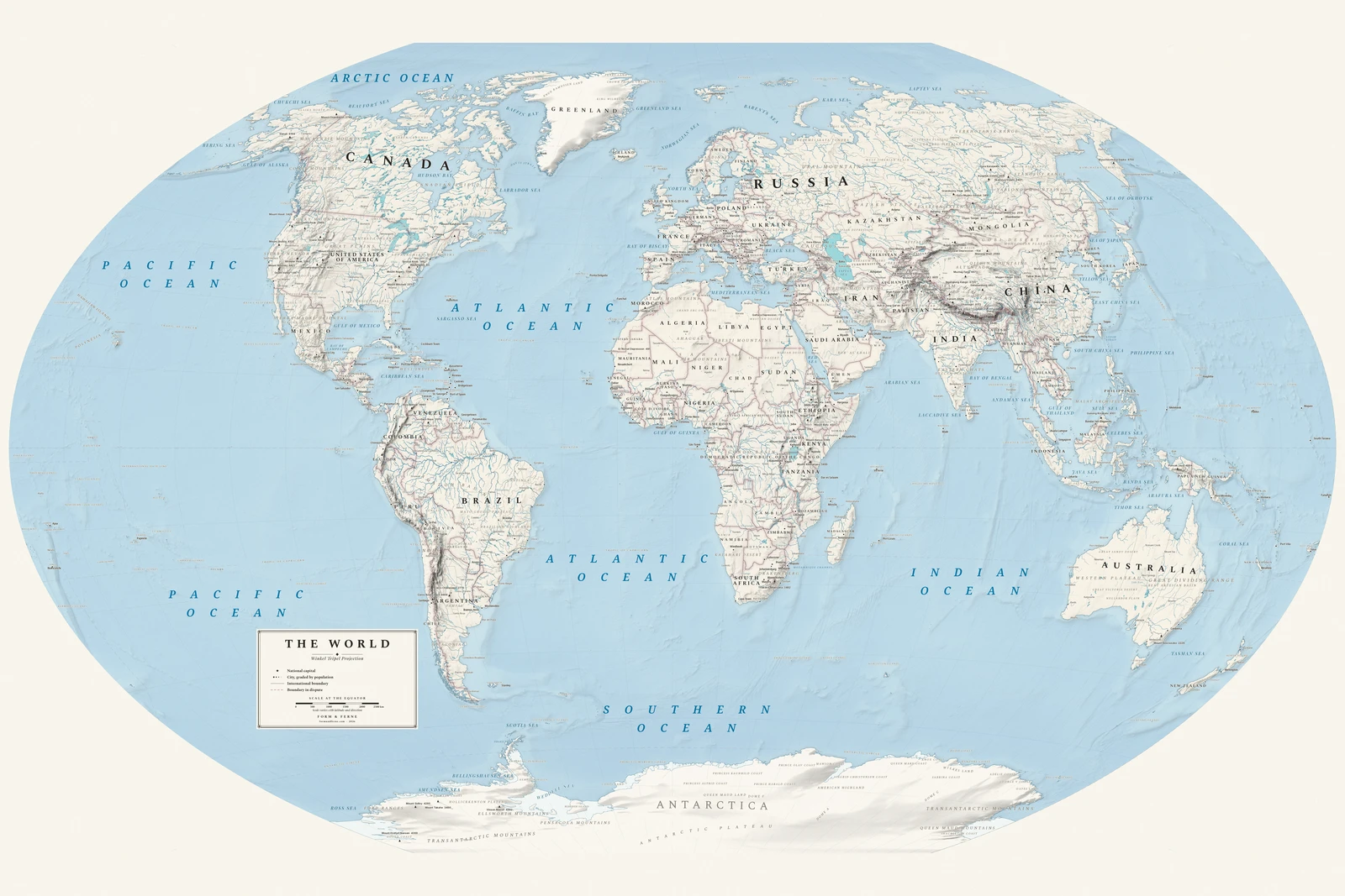 Winkel Tripel projection world map, a balance struck between area, shape and distance, Alpin style (Swiss topographic relief), with all place names in English