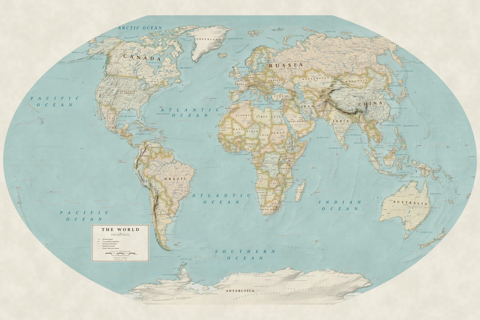 Winkel Tripel projection world map, a balance struck between area, shape and distance, Heirloom style (Antique, hand-coloured look), with all place names in English